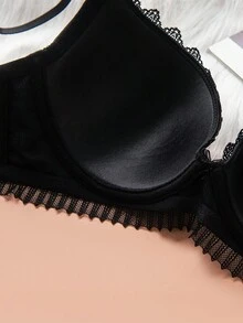 Lace Trim Push Up Bra Lingerie - Black - View 5