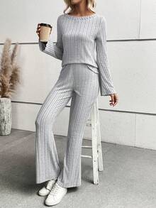 SHEIN LUNE Chất rắn Tay áo loe Áo thun & Quần ống loe - Xám - Xem 5