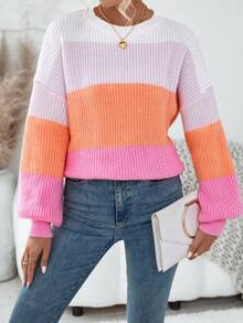 SHEIN LUNE Jersey de color combinado de hombros caídos - Multicolor - Ver 3
