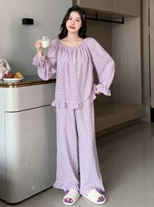 DAZY Rô Viền Ruffle Bộ PJ - Hồng - Xem 3