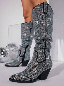 SHUZIA Glitter Rhinestone Decor Chunky Heeled Boots