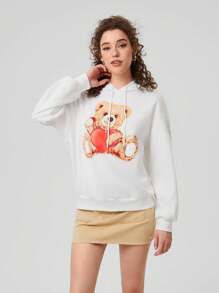 Forever 21 Women's Hooded Sweatshirt With Bear Print & Drawstring - White - View 3