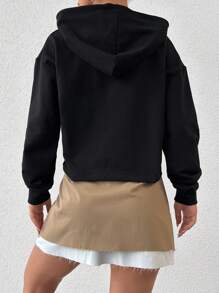 EURMUSE Letter Graphic Drop Shoulder Drawstring Hoodie - Black - View 2