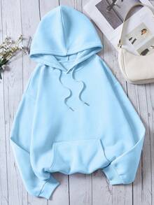 SHEIN EZwear 熊和字母圖案抽繩加絨內裏連帽衫 - 淺藍色 - 查看 3