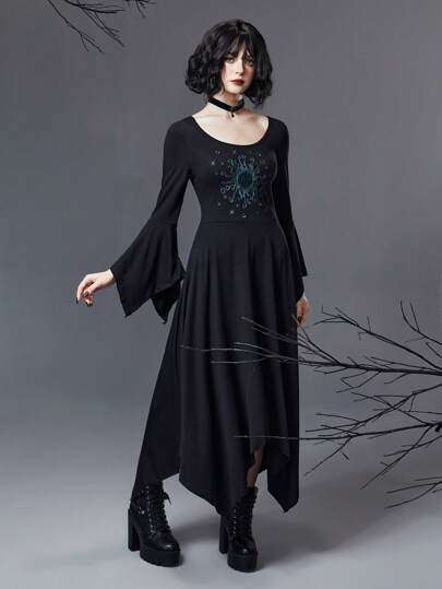 Goth Vestido Con Dobladillo Tipo Pañuelo Y Mangas Con Volante Y Estampado De Sol