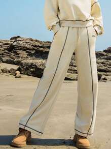 In My Nature 字母圖案拼接滾邊腰部抽繩戶外衛褲 - 卡其色 - 查看 4