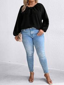 SHEIN LUNE 大碼繫帶領燈籠袖襯衫 - 黑色 - 查看 3