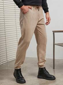 SHEIN Cottnline Men Solid Drawstring Waist Slant Pocket Pants - بني - مشاهدة 3