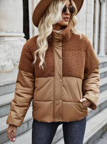 SHEIN LUNE 对比面板按扣加厚棉服外套衣服冬季 - 卡其色 - 查看 5