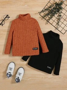 SHEIN Young Boy 2pcs Letter Patched Detail Turtleneck Tee - Brown - View 1