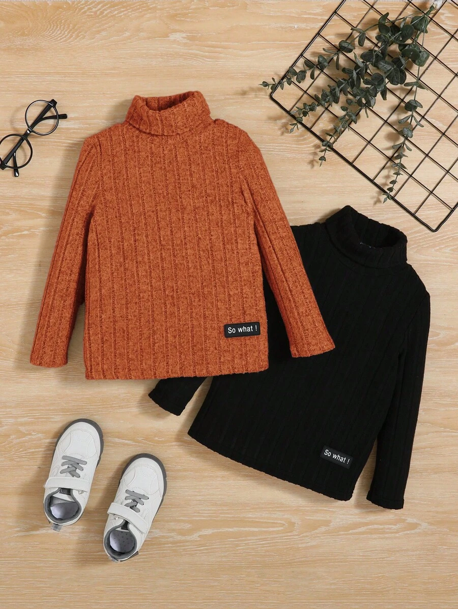 SHEIN Young Boy 2pcs Letter Patched Detail Turtleneck Tee - Brown - View 1