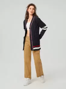 SHEIN EZwear Women's Striped Drop Shoulder Cardigan - Multicolor - View 8