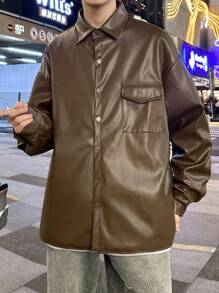 Manfinity Hypemode Men Flap Pocket Drop Shoulder PU Leather Jacket - Coffee Brown - View 4
