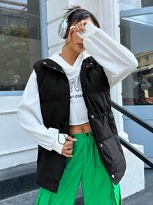 SHEIN EZwear 抽绳腰部按扣前背心加厚外套 - 黑色 - 查看 5