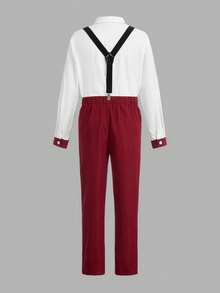 SHEIN 少年套裝，包括襯衫、可拆卸蝴蝶結和吊帶，紳士裝 - 酒紅色 - 查看 2