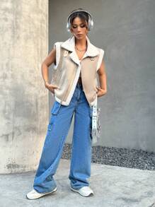 SHEIN EZwear 秋冬泰迪衬里拉链背心绒面革夹克 - 杏色 - 查看 4