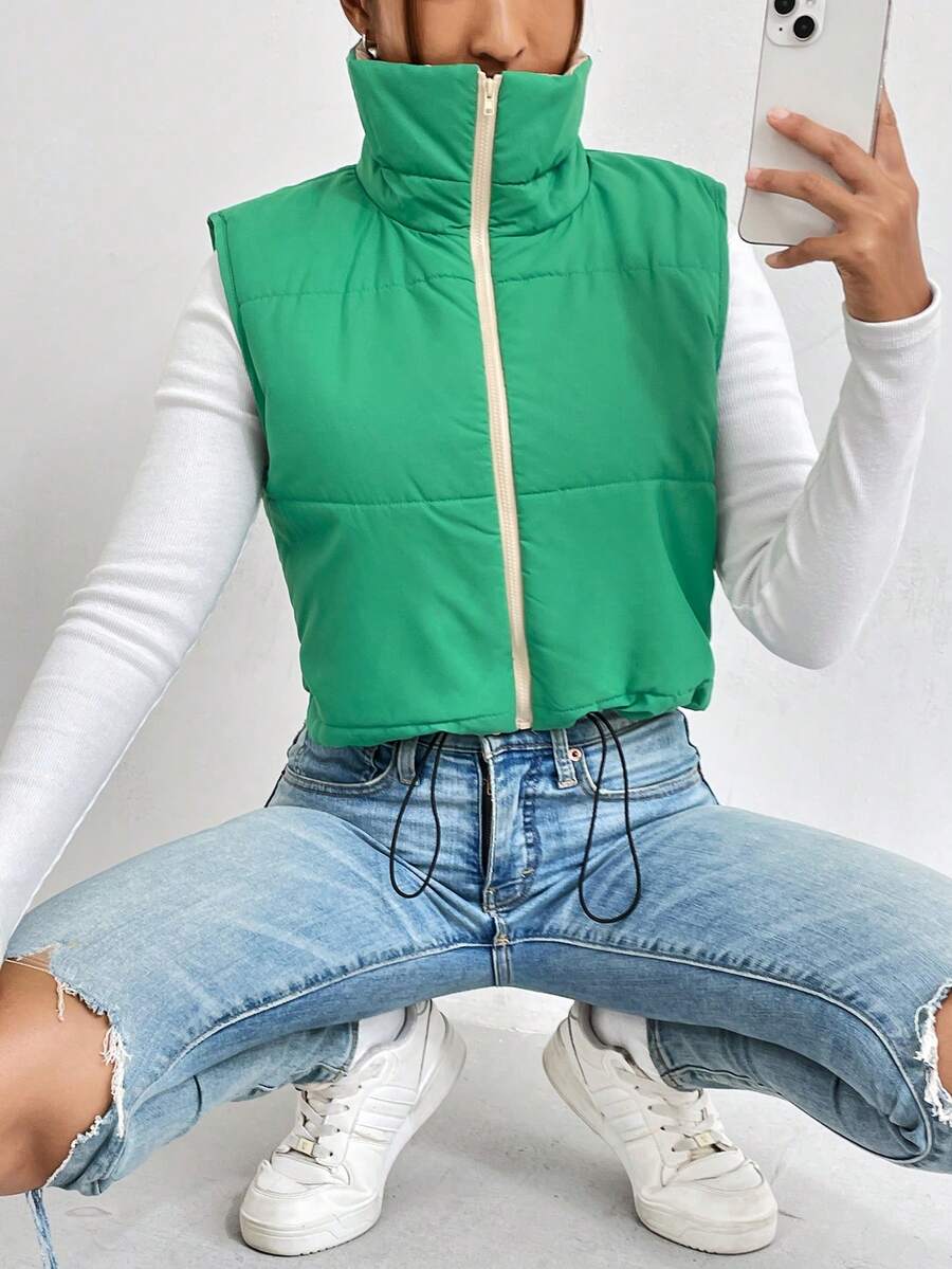 SHEIN LUNE 拉链短款背心加厚加垫外套衣服冬季 - 綠色 - 查看 1