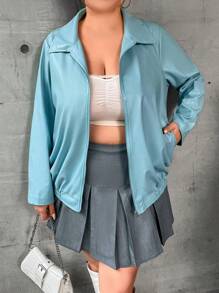 Flirla Plus Zip Up Slant Pocket Jacket - Mint Blue - View 2
