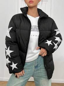 SHEIN EZwear 星星图案拉链衬垫大衣 - 黑色 - 查看 1