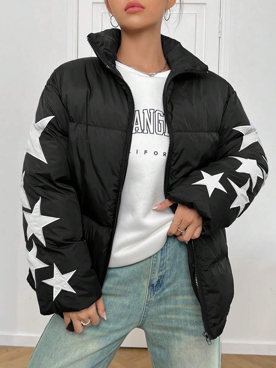 SHEIN EZwear 星星图案拉链衬垫大衣 - 黑色 - 查看 1