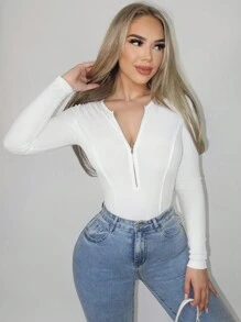 Zolique Half Zip Ribbed Knit Slim Fit Bodysuit
