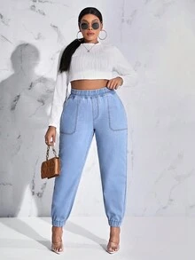 SHEIN SXY Plus Elastic Waist Jogger Jeans - Light Wash - View 4