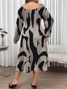 Flirla 大碼圖案印花燈籠袖前紐扣洋裝 - 杏色 - 查看 2