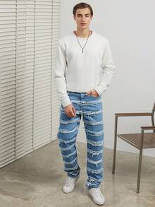 RueChic Men's Frayed Edge Zipper Waist Jeans - Blue - View 4