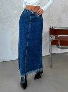 EURMUSE High Waist Raw Hem Denim Skirt - Blue - View 5