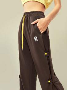 In My Nature Letter Graphic Drawstring Waist Outdoor Sweatpants - Coffee Brown - View 9