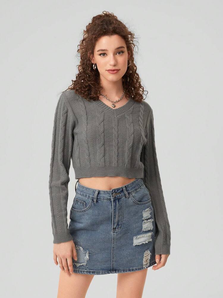 Women's Simple Jacquard Round Neck Long Sleeve Sweater, Gray