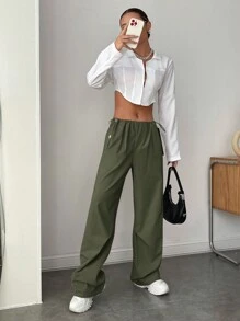 SHEIN EZwear 素色腰部抽繩闊腿褲 - 軍綠色 - 查看 4