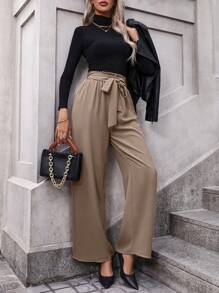 SHEIN Clasi Paperbag Waist Belted Wide Leg Pants - Apricot - View 1