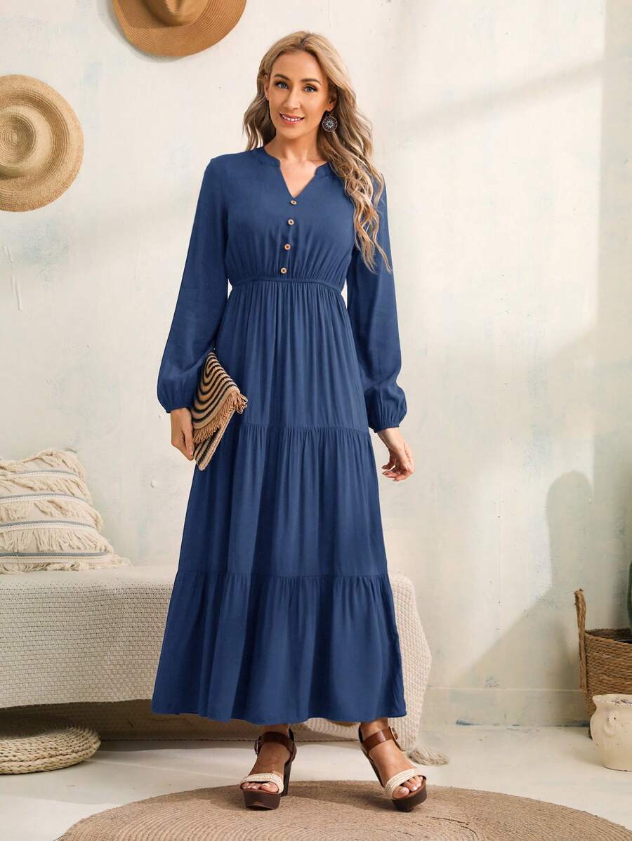 EMERY ROSE Tay áo lồng đèn Chi tiết Nút Xù Hoa Sen Đầm - Màu xanh lam - Xem 1