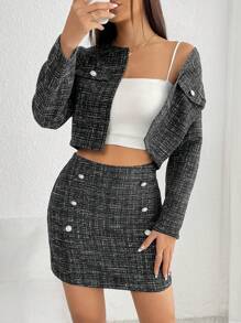 SHEIN PETITE 翻蓋細節粗花呢夾克&包臀半身裙 - 黑色 - 查看 6
