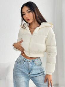 SHEIN PETITE Casual Solid Color Hooded Cropped Winter Jacket - Beige - View 5