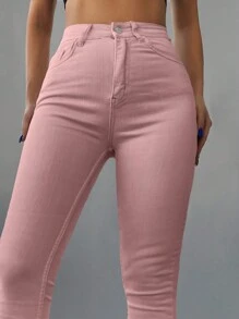 SHEIN Cottnline Women's Solid Slim Fit Jeans - Pink - View 3