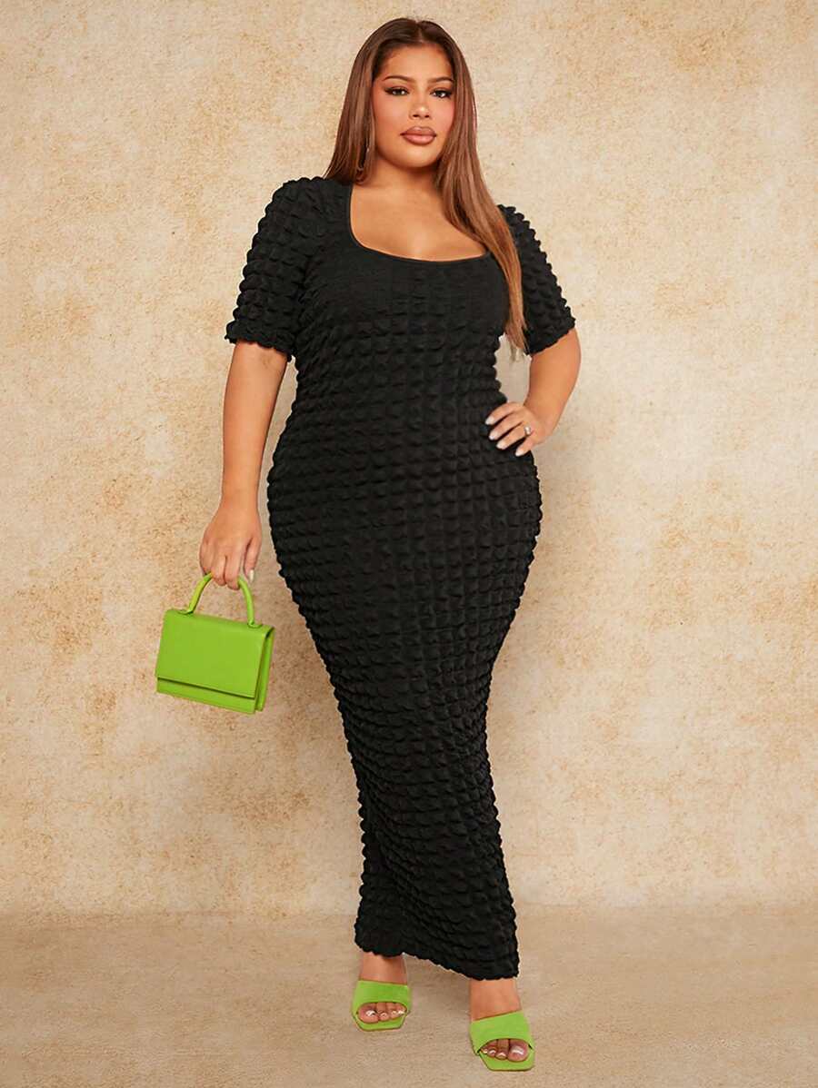 SHEIN SXY SHEIN Của phụ nữ Kích thước lớn Cổ vuông Thon gọn Váy bodycon Với Bong bóng Kết cấu Năm mới NỮ Lễ tình nhân - màu đen - Xem 1