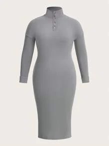 SHEIN BASICS 大碼Polo領緊身洋裝 - 灰色 - 查看 7