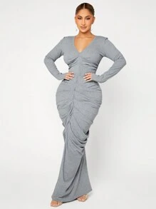 SHEIN SXY Solid Ruched Bodycon Dress - Grey - View 3