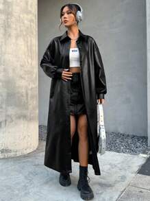 SHEIN EZwear 字母圖案落肩袖PU皮革外套 - 黑色 - 查看 2