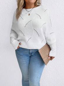 SHEIN LUNE Plus Batwing Sleeve Pointelle Knit Sweater - White - View 6