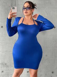 Flirla Plus Solid Cutout Halter Neck Bodycon Dress - Blue - View 1