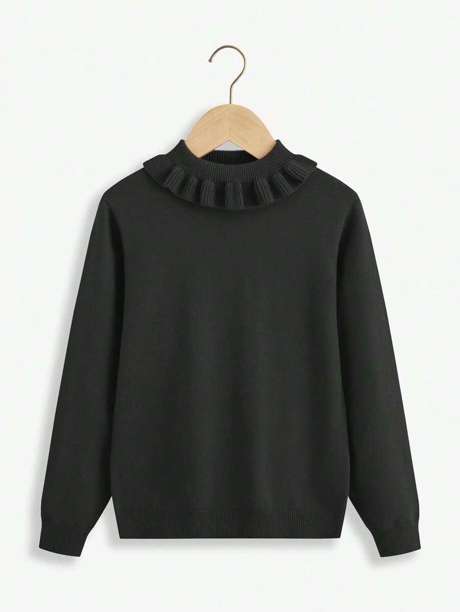 SHEIN Tween Girl Ruffle Trim Solid Sweater - Black - View 1
