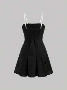 SHEIN MOD Hoa Nơ mặt trước Xù Hoa Sen Váy Dây - màu đen - Xem 2