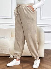 SHEIN LUNE 大碼腰部抽繩斜口袋衛褲 - 杏色 - 查看 4