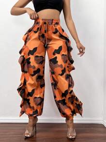 Slaydiva 迷彩印花荷葉邊腰部抽繩長褲 - 橘色 - 查看 1