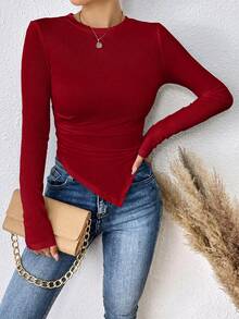 SHEIN Essnce Chất rắn Viền không đối xứng Áo thun - Màu Đỏ Sâu - Xem 5