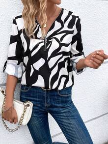 SHEIN LUNE Allover Print Half Zip Roll Tab Sleeve Blouse - Multicolor - View 3