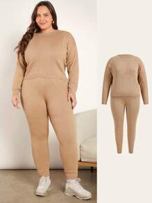 SHEIN BASICS Plus Drop Shoulder Sweater & Knit Pants - Khaki - View 1